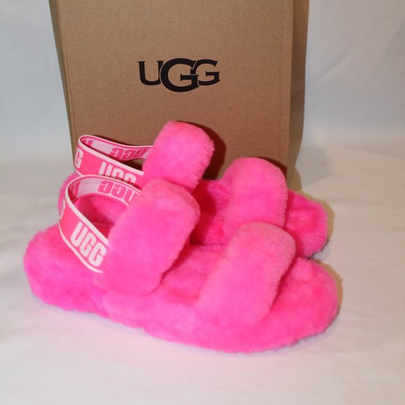 NIB UGG‎ YOUTH 6 WOMEN'S 8 DISCO HOT PINK SHEARLING SLIPPERS SANDALS - Picture 1 of 6